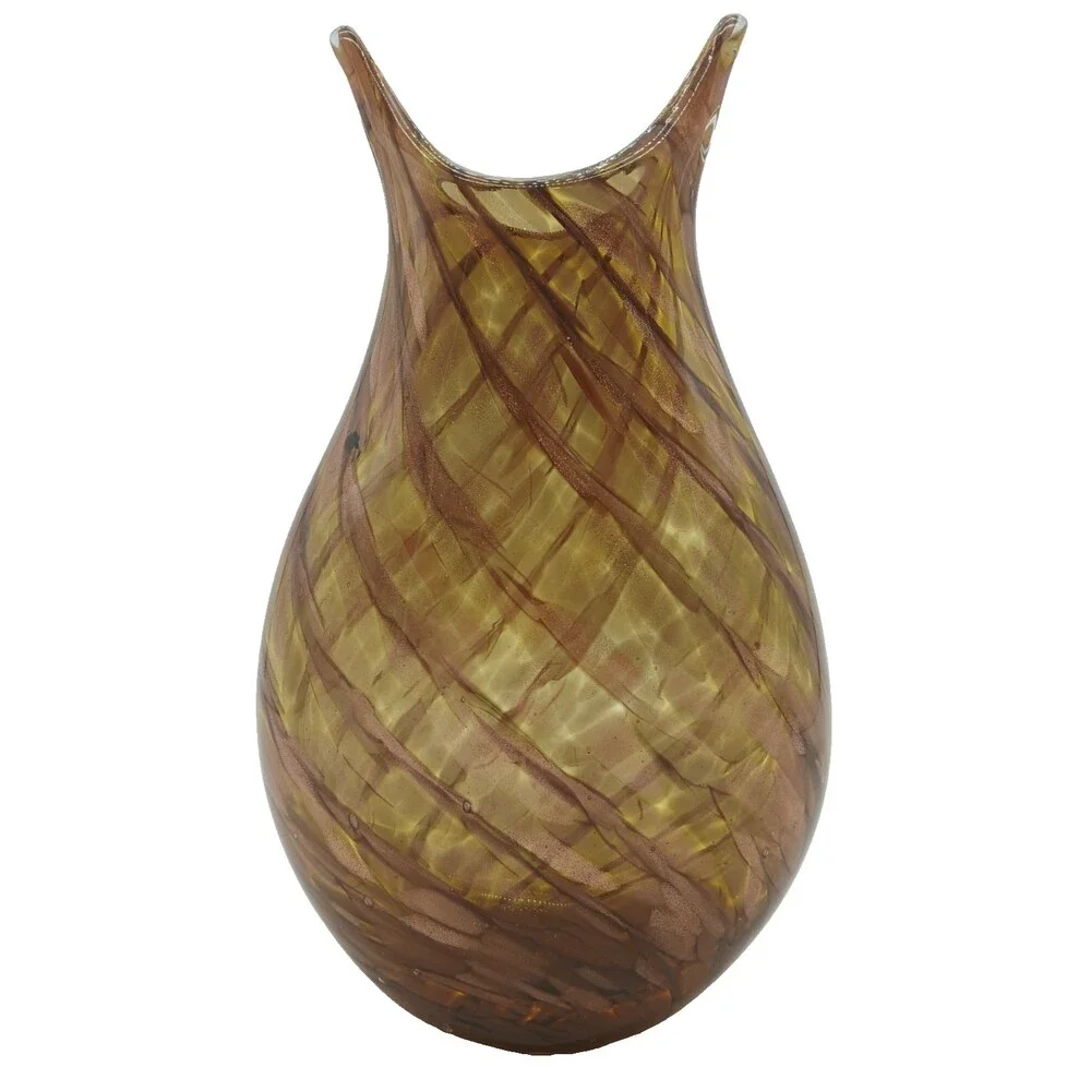 Murano Mid Century Amber Brown Swirl Sparkly Gold Pattern Vase 10